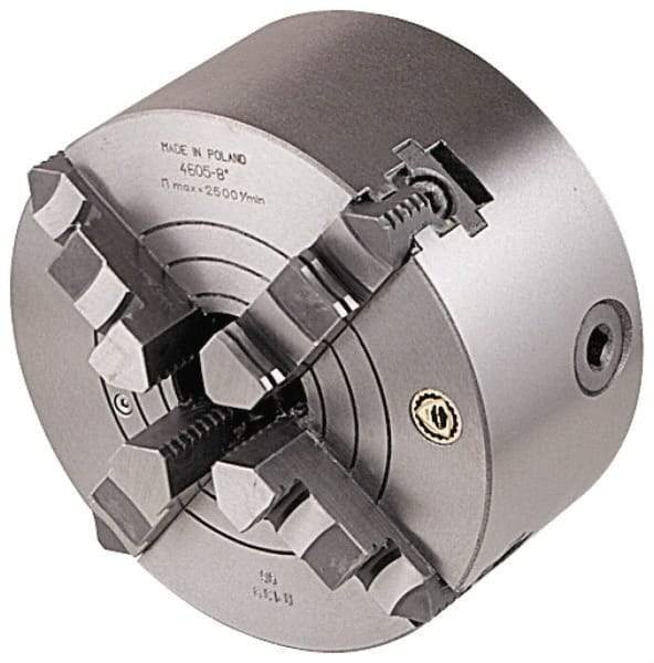 Bison - 4 Jaws, 12" Diam, Combination Independent & Self Centering Manual Lathe Chuck - Plain Back Mount Spindle, Reversible, 1,500 Max RPM, 4.05" Through Hole Diam, Cast Iron - Benchmark Tooling