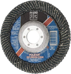 PFERD - 40 Grit, 5" Disc Diam, 7/8" Center Hole, Type 27 Zirconia Alumina Flap Disc - 12,200 Max RPM, Fiberglass Backing, Arbor Attaching System, Coated - Benchmark Tooling