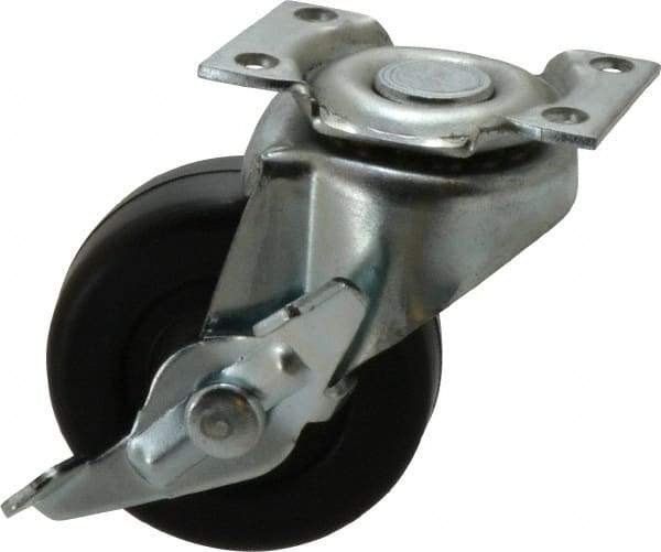 Shepherd - 2" Diam x 13/16" Wide x 2-5/8" OAH Top Plate Mount Swivel Caster with Brake - Soft Rubber, 80 Lb Capacity, Nylon Bearing, 1-3/16 x 2" Plate - Benchmark Tooling