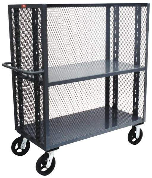 Jamco - 2,000 Lb Capacity, 2 Shelf, 3-Sided Steel Mesh Stock Truck - 60" Long x 24" Wide x 57" High, 6" Diam Phenolic Wheels - Benchmark Tooling