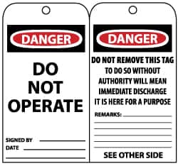 NMC - 3" High x 6" Long, DANGER - DO NOT OPERATE, English Safety & Facility Lockout Tag - Tag Header: Danger, 2 Sides, Black, Red & White Unrippable Vinyl - Benchmark Tooling