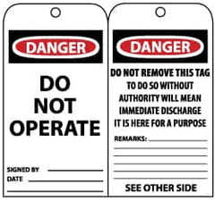 NMC - 3" High x 6" Long, DANGER - DO NOT OPERATE, English Safety & Facility Lockout Tag - Tag Header: Danger, 2 Sides, Black, Red & White Unrippable Vinyl - Benchmark Tooling