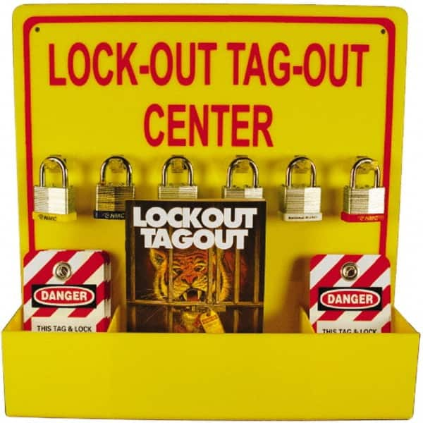 NMC - Equipped Acrylic Lockout Device and Tag Station - 16 Inch Wide x 16 Inch High, Red and Yellow - Benchmark Tooling