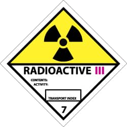 NMC - Accident Prevention Label - Legend: Radioactive III Contents: Activity: Transport Index, English, Black, Yellow, Pink & White, 4" Long x 4" High, Sign Muscle Finish - Benchmark Tooling