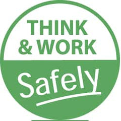 NMC - Think and Work Safely, Hard Hat Label - White on Green, 2" Thick, For Accident Prevention - Benchmark Tooling