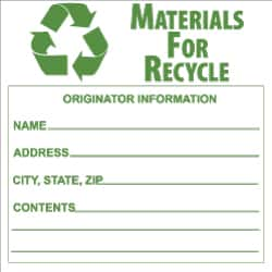 NMC - Hazardous Materials Label - Legend: Materials for Recycle - Originator Information - Name _____, Address _____, City, State, Zip _____, Contents _______, English, Green & White, 6" Long x 6" High, Sign Muscle Finish - Benchmark Tooling