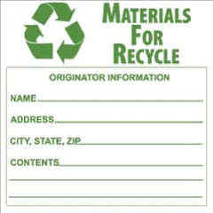 NMC - Hazardous Materials Label - Legend: Materials for Recycle - Originator Information - Name _____, Address _____, City, State, Zip _____, Contents _______, English, Green & White, 6" Long x 6" High, Sign Muscle Finish - Benchmark Tooling