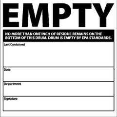 NMC - Hazardous Materials Label - Legend: Empty No More than One Inch of Residue Remains on the Bottom of This Drum. Drum Is Empty by EPA Standards. Last Contained..., English, Black & White, 6" Long x 6" High, Sign Muscle Finish - Benchmark Tooling