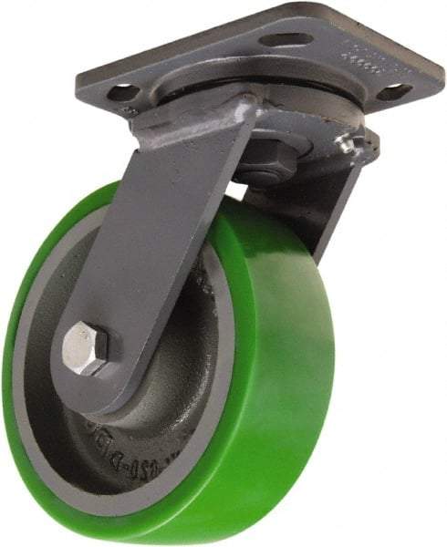 Hamilton - 6" Diam x 2" Wide x 7-1/2" OAH Top Plate Mount Swivel Caster - Polyurethane Mold onto Cast Iron Center, 1,200 Lb Capacity, Tapered Roller Bearing, 4 x 5" Plate - Benchmark Tooling
