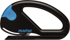 Martor USA - Fixed Safety Cutter - 1-11/16" Carbon Steel Blade, Black & Blue Polycarbonate Handle, 1 Blade Included - Benchmark Tooling