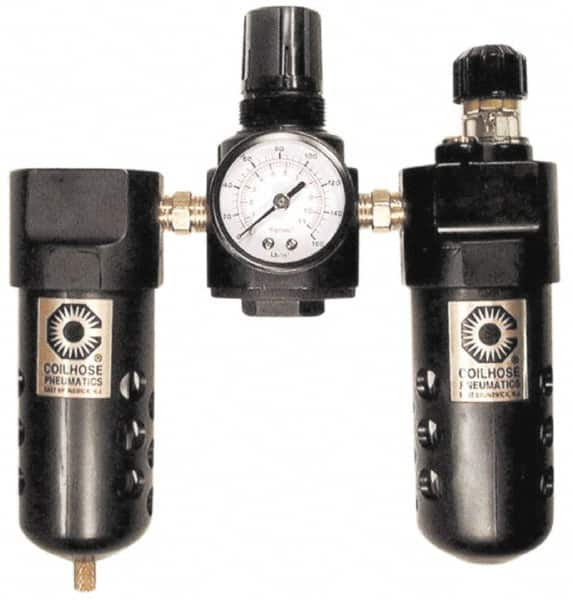 Coilhose Pneumatics - 1/4" NPT Port Compact 3 Piece Filter-Regulator-Lubricator FRL Unit - Polycarbonate Bowl, 48 SCFM, 150 Max psi, 6.5" High, Manual Drain - Benchmark Tooling