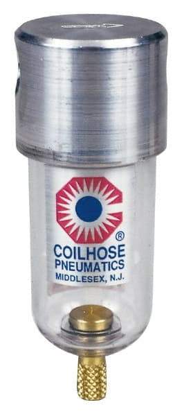 Coilhose Pneumatics - 1/8" Port, 4" High x 1-1/2" Wide, Miniature FRL Filter with Metal Bowl & Manual Drain - 25 SCFM, 250 Max psi, 250°F Max, 1.5 oz Bowl Capacity - Benchmark Tooling