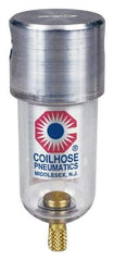 Coilhose Pneumatics - 1/8" Port, 4" High x 1-1/2" Wide, Miniature FRL Filter with Polycarbonate Bowl & Manual Drain - 25 SCFM, 150 Max psi, 120°F Max, 1.5 oz Bowl Capacity - Benchmark Tooling