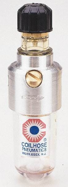 Coilhose Pneumatics - 1/8 NPT Port, 150 Max psi, Miniature Lubricator - Polycarbonate Bowl, Cast Aluminum Body, 11 CFM, 120°F Max, 1-1/2" Wide x 5" High - Benchmark Tooling