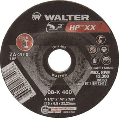 WALTER Surface Technologies - 20 Grit, 4-1/2" Wheel Diam, 1/4" Wheel Thickness, Type 27 Depressed Center Wheel - Aluminum Oxide, 13,300 Max RPM - Benchmark Tooling