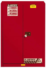 Justrite - 2 Door, 5 Shelf, Red Steel Standard Safety Cabinet for Flammable and Combustible Liquids - 65" High x 43" Wide x 18" Deep, Manual Closing Door, 3 Point Key Lock, 60 Gal Capacity - Benchmark Tooling