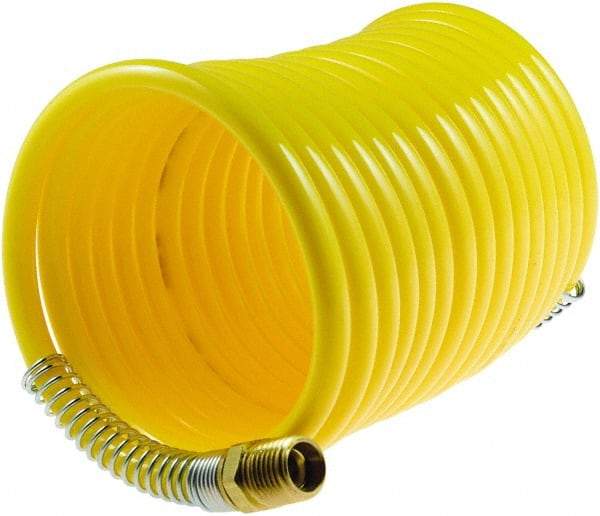 Coilhose Pneumatics - 1/4" ID, 1/4 Thread, 25' Long, Yellow Nylon Coiled & Self Storing Hose - 185 Max psi, Male Swivel x Male Swivel - Benchmark Tooling