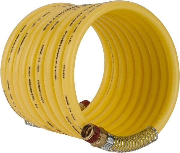 Coilhose Pneumatics - 3/8" ID, 3/8 Thread, 12' Long, Yellow Nylon Coiled & Self Storing Hose - 165 Max psi, Male Swivel x Male Swivel - Benchmark Tooling