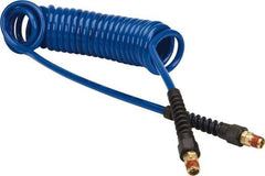 Coilhose Pneumatics - 1/4" ID, 1/4 Thread, 15' Long, Dark Blue Polyurethane Coiled & Self Storing Hose - 125 Max psi, Male Swivel x Male Swivel with Strain Relief - Benchmark Tooling