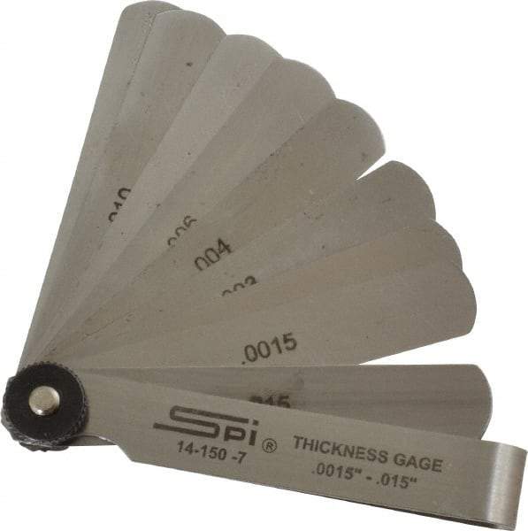SPI - 9 Piece, 0.0015 to 0.015", Parallel Feeler Gage Set - 3" Long x 1/2" Wide, Tempered Steel - Benchmark Tooling