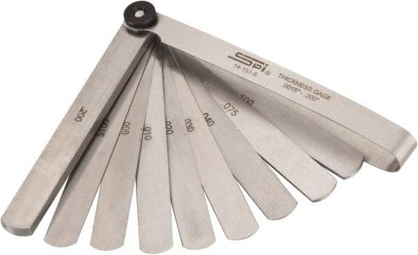 SPI - 13 Piece, 0.0015 to 0.2" Thick, Parallel Feeler Gage Set - 4-1/4" Leaf Length, 1/2" Wide, Tempered Steel - Benchmark Tooling