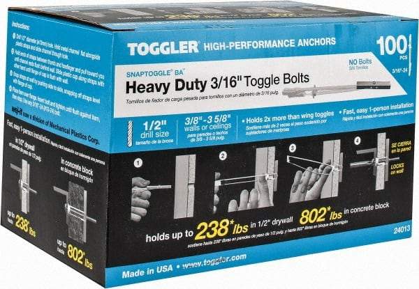 Toggler - 3/16" Screw, 6-1/4" Long, 3/8 to 3-5/8" Thick, Toggle Bolt Drywall & Hollow Wall Anchor - 3/16 - 24" Thread, 1/2" Drill, Zinc Plated, Steel, Grade 1010, Use in Drywall - Benchmark Tooling