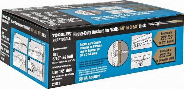 Toggler - 3/16" Screw, 6-1/4" Long, 3/8 to 3-5/8" Thick, Toggle Bolt Drywall & Hollow Wall Anchor - 3/16 - 24" Thread, 1/2" Drill, Zinc Plated, Steel, Grade 1010, Use in Drywall - Benchmark Tooling