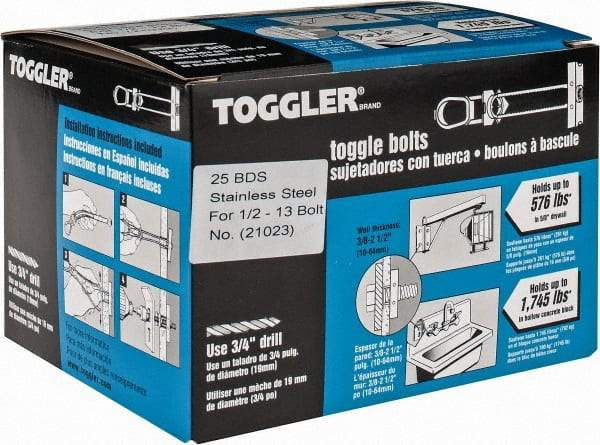 Toggler - 1/2" Screw, 6" Long, 3/8 to 2-1/2" Thick, Toggle Bolt Drywall & Hollow Wall Anchor - 1/2 - 13" Thread, 3/4" Drill, Uncoated, Stainless Steel, Grade 304, Use in Drywall - Benchmark Tooling