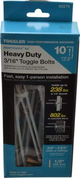 Toggler - 3/16" Screw, 6-1/4" Long, 3/8 to 3-5/8" Thick, Toggle Bolt Drywall & Hollow Wall Anchor - 3/16 - 24" Thread, 1/2" Drill, Zinc Plated, Steel, Grade 1010, Use in Drywall - Benchmark Tooling