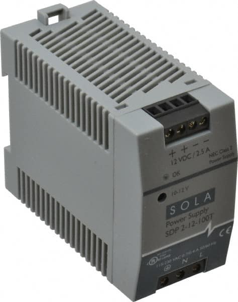 Sola/Hevi-Duty - 100 Watt, 3 to 2.5 Amp, 264 VAC, 375 VDC Input, 10 to 12 VDC Output, DIN Rail Power Supply - Screw Terminal Connection, 1 Output, 1.77 Inch Wide x 3.58 Inch Deep x 2.95 Inch High, Up to 80% Efficiency, 14 to 140°F, Green LED Display - Benchmark Tooling