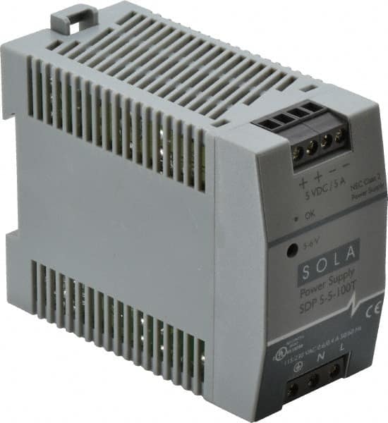 Sola/Hevi-Duty - 100 Watt, 5 Amp, 264 VAC, 375 VDC Input, 5 to 6 VDC Output, DIN Rail Power Supply - Screw Terminal Connection, 1 Output, 1.77 Inch Wide x 3.58 Inch Deep x 2.95 Inch High, Up to 80% Efficiency, 14 to 140°F, Green LED Display - Benchmark Tooling