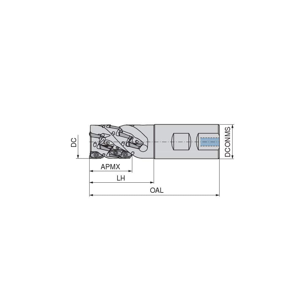 Indexable Square-Shoulder End Mill:  C211200R03K1020B200EF,  2.0000'' Cut Dia,  6.5000'' Max Depth of Cut,  2.0000'' Shank Dia,  Weldon Flat Shank Uses  30,  Normal Pressure,