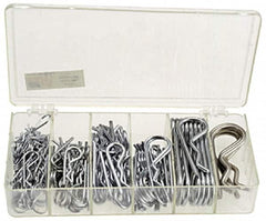 Precision Brand - 150 Piece, 1/16 to 3/16" Pin Diam, Hitch Pin Assortment - 1-9/16 to 3-1/4" Long, Steel - Benchmark Tooling