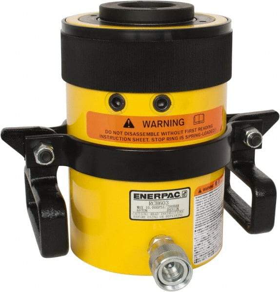 Enerpac - 60 Ton, 3" Stroke, 38.2 Cu In Oil Capacity, Portable Hydraulic Hollow Hole Cylinder - 12.73 Sq In Effective Area, 9.75" Lowered Ht., 12.75" Max Ht., 4.88" Cyl Bore Diam, 3.63" Plunger Rod Diam, 10,000 Max psi - Benchmark Tooling