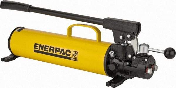 Enerpac - 1" Piston Stroke, 1-1/8" Piston Diam, 1.00, 0.15 Cu In per Stroke, 134 Cu In Reservoir Capacity, Manual Hydraulic Pump - 10,000 psi, 77 Lbs. Max Handle Effort, 2 Stage - Benchmark Tooling