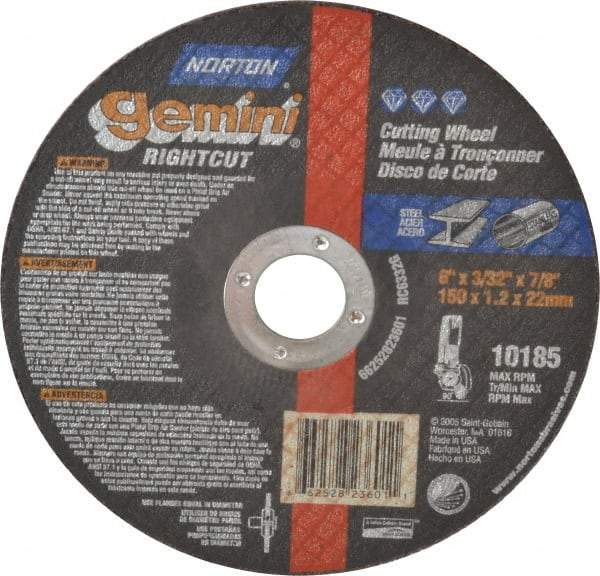 Norton - 6" Aluminum Oxide Cutoff Wheel - 3/32" Thick, 7/8" Arbor, 10,185 Max RPM, Use with Angle Grinders - Benchmark Tooling