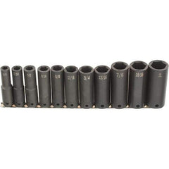 SK - 11 Piece 1/2" Drive Deep Impact Socket Set - 6 Points, 1/2 to 1-1/4", Inch Measurement Standard - Benchmark Tooling