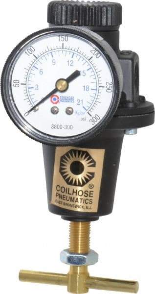 Coilhose Pneumatics - 1/4 NPT Port, 40 CFM, Cast Aluminum Heavy-Duty T-Handle Regulator - 0 to 200 psi Range, 250 Max psi Supply Pressure, 1/4" Gauge Port Thread, 3" Wide x 5-1/2" High - Benchmark Tooling