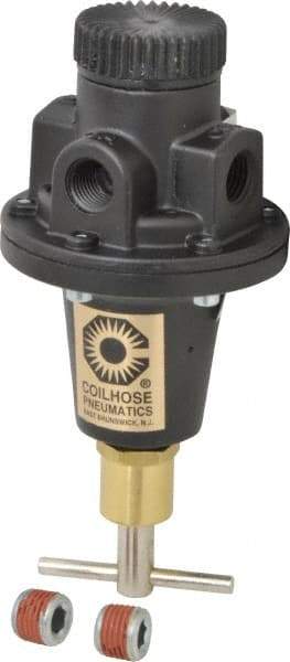 Coilhose Pneumatics - 1/4 NPT Port, 40 CFM, Cast Aluminum Tamper Proof Heavy-Duty T-Handle Regulator - 0 to 60 psi Range, 250 Max psi Supply Pressure, 1/4" Gauge Port Thread, 3" Wide x 5-1/2" High - Benchmark Tooling