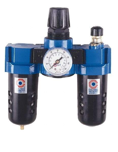 Coilhose Pneumatics - 1/2" NPT Port Standard 3 Piece Filter-Regulator-Lubricator FRL Unit - Metal Bowl, 127 SCFM, 250 Max psi, 10.5" High, Manual Drain - Benchmark Tooling