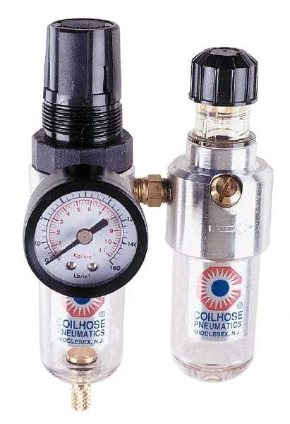 Coilhose Pneumatics - 1/8" NPT Port Miniature 2 Piece Filter/Regulator-Lubricator FRL Unit - Polycarbonate Bowl, 25 SCFM, 150 Max psi, 6" High, Manual Drain - Benchmark Tooling