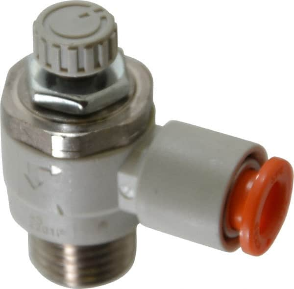 SMC PNEUMATICS - 1/4" Tube OD x 1/4" Male NPT Flow Control Elbow Valve - Meter Out - Benchmark Tooling