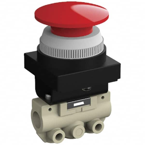 SMC PNEUMATICS - 0.14 CV Rate, 1/8" NPT Inlet Mechanical Valve - 2 Way, 2 Ports, Push Button Mushroom - Benchmark Tooling