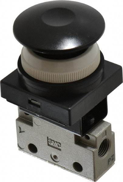 SMC PNEUMATICS - 0.14 CV Rate, 1/8" NPT Inlet Mechanical Valve - 3 Way, 2 Ports, Push Button Mushroom - Benchmark Tooling