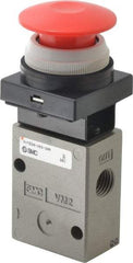 SMC PNEUMATICS - 1.00 CV Rate, 1/4" NPT Inlet Mechanical Valve - 3 Way, 2 Ports, Push Button Mushroom - Benchmark Tooling
