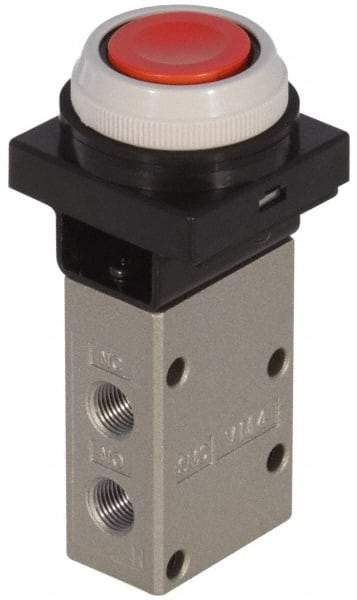 SMC PNEUMATICS - 0.38 CV Rate, 1/4" NPT Inlet Mechanical Valve - 3 Way, 3 Ports, Push Button Flush - Benchmark Tooling