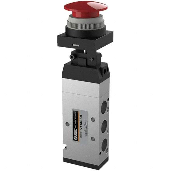 SMC PNEUMATICS - 1.00 CV Rate, 1/4" NPT Inlet Mechanical Valve - 4 Way, 5 Ports, Push Button Mushroom - Benchmark Tooling