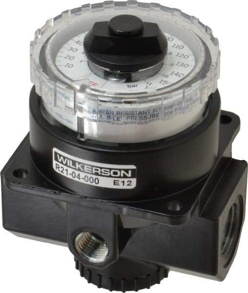 Wilkerson - 1/2 NPT Port, 195 CFM, Zinc Dial Air Regulator - 5 to 160 psi Range, 300 Max psi Supply Pressure, 1/4" Gauge Port Thread, 3.2" Wide x 4.19" High - Benchmark Tooling