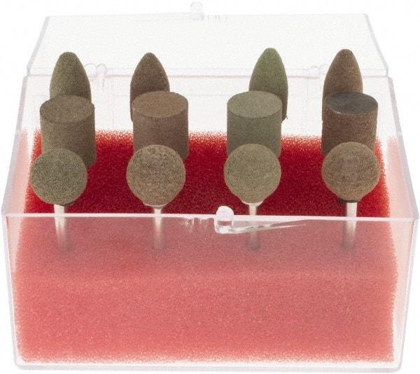 Grier Abrasives - 12 Piece Aluminum Oxide Rubber Rubber Mounted Abrasive Wheel Set - Includes Mounted Wheels with 1/8" Diam x 1-1/2" Long Shank - Benchmark Tooling