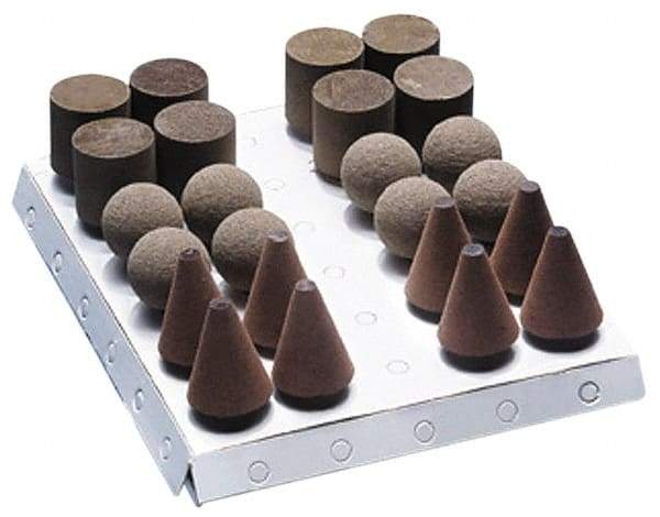 Grier Abrasives - 24 Piece Aluminum Oxide Rubber Rubber Mounted Abrasive Wheel Set - Includes Mounted Wheels with 1/4" Diam x 1-1/2" Long Shank - Benchmark Tooling